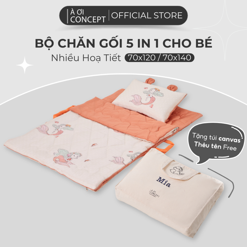 Bộ chăn gối cho bé mầm non 5 trong 1 AOICONCEPT size 70x120cm và 70x140cm chăn nệm cho bé mẫu giáo tiểu học mịn mát