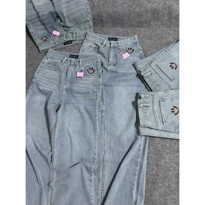 HAP (S-2XL) P3838 Quần Jeans Suông Thêu Mặt Cười vui vẽ Chất Jeans Mềm