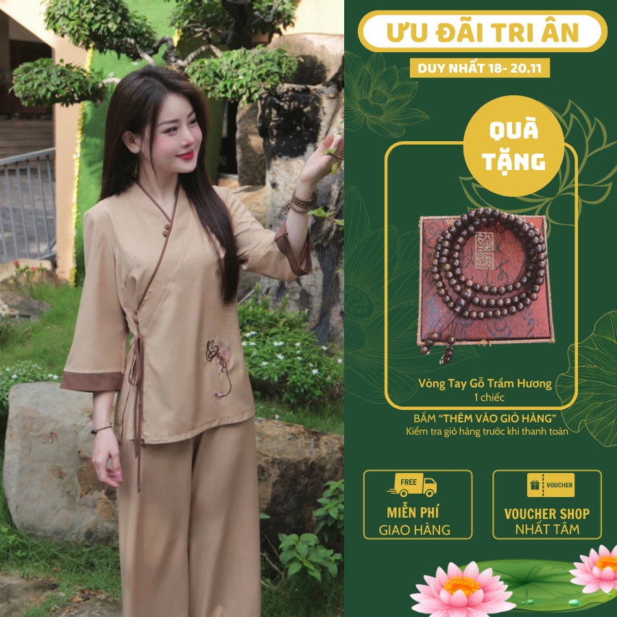 Ms35 Set đồ lam đi chùa thêu Buông vải kate Bộ đi chùa nữ cổ v cúc bọc thêu Buông Pháp phục cách tân tay lỡ