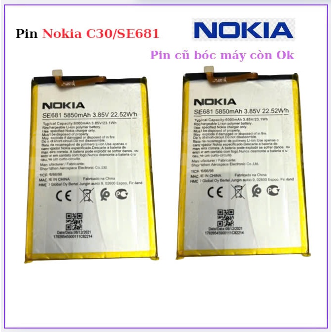 Pin Nokia C30/SE681, (Pin Zin bóc máy)