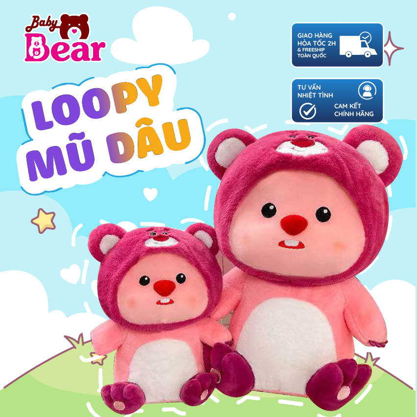 Gấu Bông Loopy đội mũ dâu Lotso cực xinh, Thú nhồi bông Loopy đội mũ gấu dâu lotso cực xinh đẹp Thú 