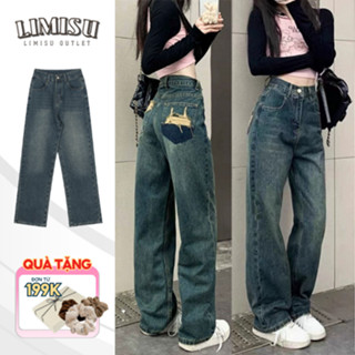 Quần Jean Ống Suông Rộng Nữ Chất Jean LIMISU, Quần Bò Ống Rộng Cạp Cao Ôm Eo Tôn Dáng Thiết Kế Túi Rách Sau Cá Tính JRS