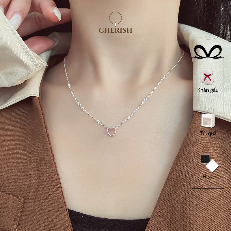 Dây Chuyền Bạc Nữ S925 Mặt Đá Tim Thạch Anh Hồng Vòng Cổ Bạc Charm Đá Thu Hút Năng Lượng Cherish