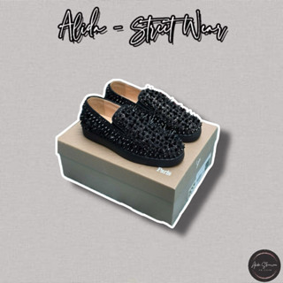 [Hight Quality] Giày Slipon 10u1in Full Black - Họa Tiết Đinh Đen Gót Đỏ Đính Đá Hạt Cườm Lấp Lánh-Full Box Boy Phố