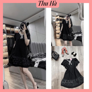 Đầm Đen Phối Viền Bèo Cổ Nơ Form Rộng Chất Tuyết Thái Loại 1 Cao Cấp Freesize