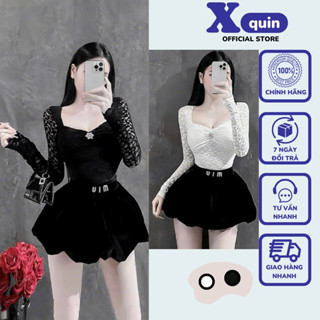 Áo ren nữ tay dài cổ vuông cài khuy đá có mút đệm Xquin, Áo kiểu nữ tay dài cúp ngực chất vải ren hoa sexy