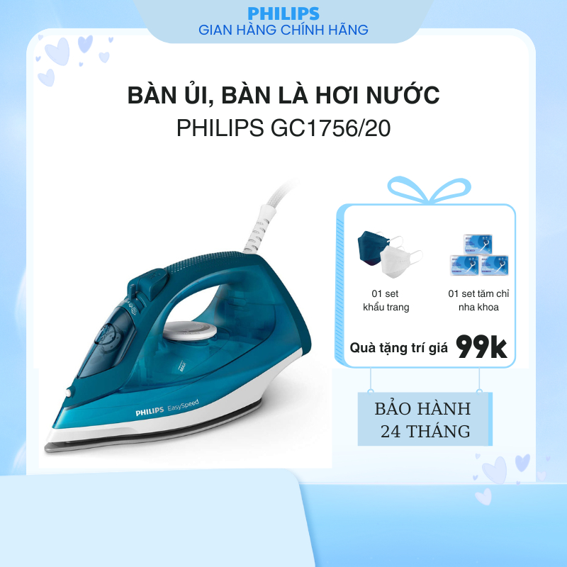 Bàn ủi hơi nước Philips GC1756/20 - Công suất 2000W - Tự động ngắt - 4 chế độ hơi phun - Ngăn chứa n