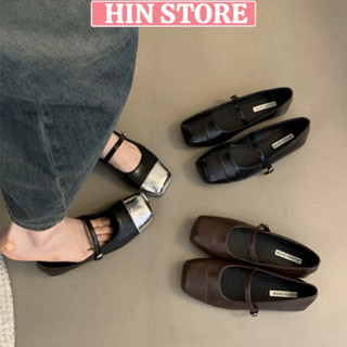 Giày Lolita nữ đế bệt da mềm mũi vuông phối màu khoá cài sang chảnh, giày bệt búp bê phong cách Hàn Quốc MS24