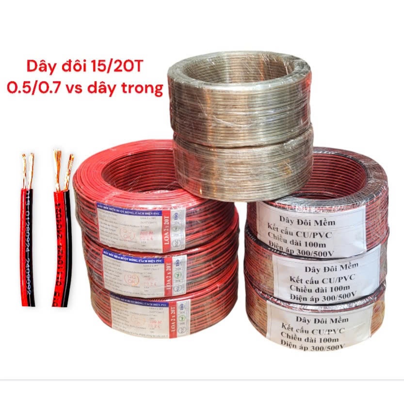 Dây Điện Đỏ Đen Đôi Mềm 15/20T Cuộn 100M