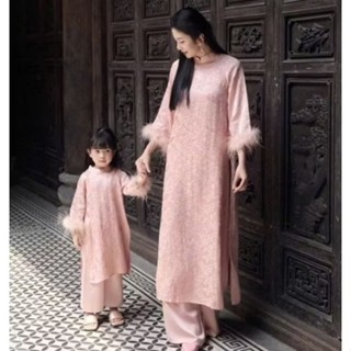 Set bộ áo dài cách tân MOON ESSENCE áo gấm hoa tay lông thỏ quần lụa cho mẹ và bé