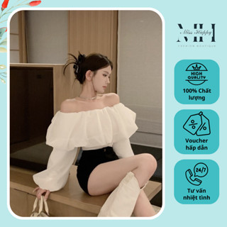  Áo trễ vai dài tay bồng ôm body voan tơ trắng kem phong cách dịu dàng 