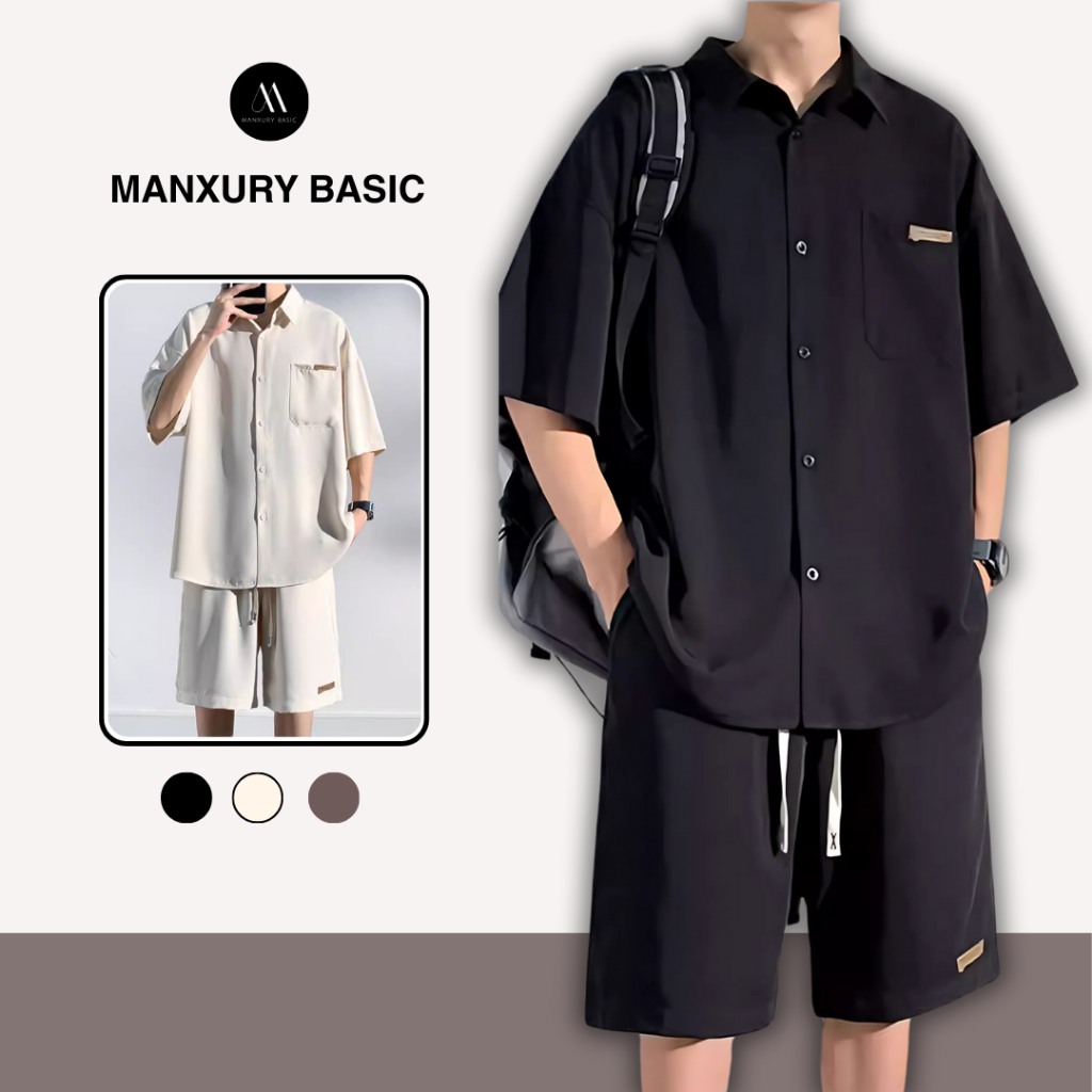 Bộ quần áo nam mùa hè cao cấp phong cách Hàn Quốc, Set bộ sơ mi nam cộc tay thoáng mát full logo tag