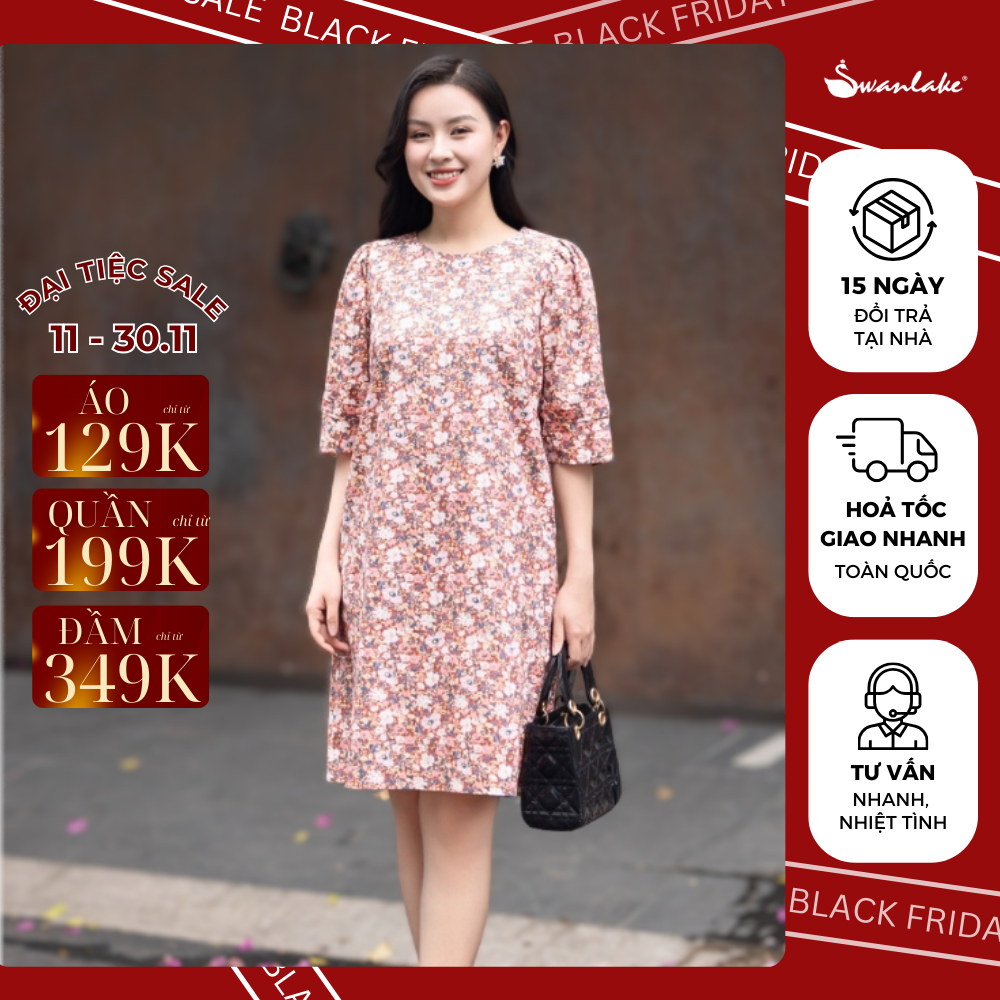 SWANLAKE | Váy Đầm Suông Vải Linen In Hoa Cổ Tròn Tay Lỡ Nẹp Có Túi Công Sở Thanh Lịch - D09293