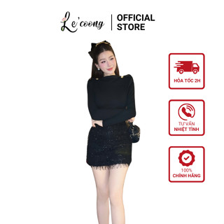 Set Váy Tiểu Thư Dáng Ngắn Phối Lông Lấp Lánh LECOONG B172 Đầm Đẹp Sang Chảnh Ôm Body Màu Đen
