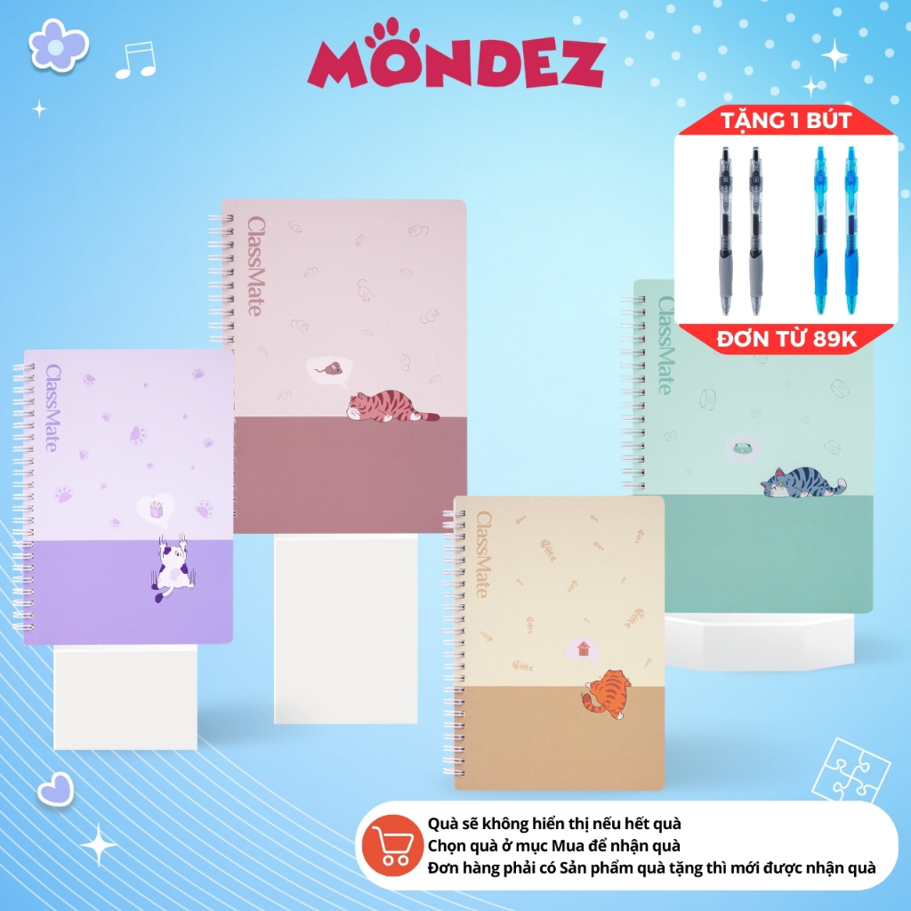 Sổ Lò Xo Classmate Sổ Kẻ Ngang 80gsm, 180/200 Trang Khổ B5/A5/A6/A7 Thiết Kế Mèo Lười Sổ Tay Ghi Ché