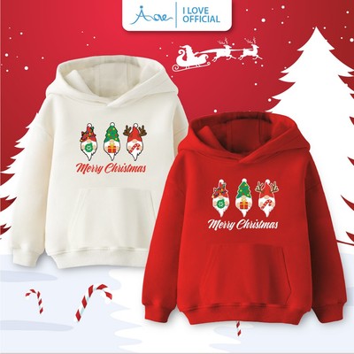 AORE-Áo hoodie Merry Christmas, Áo nỉ dài tay phối túi có mũ in hình Noel mừng giáng sinh cho bé trai bé gái từ 10-35kg