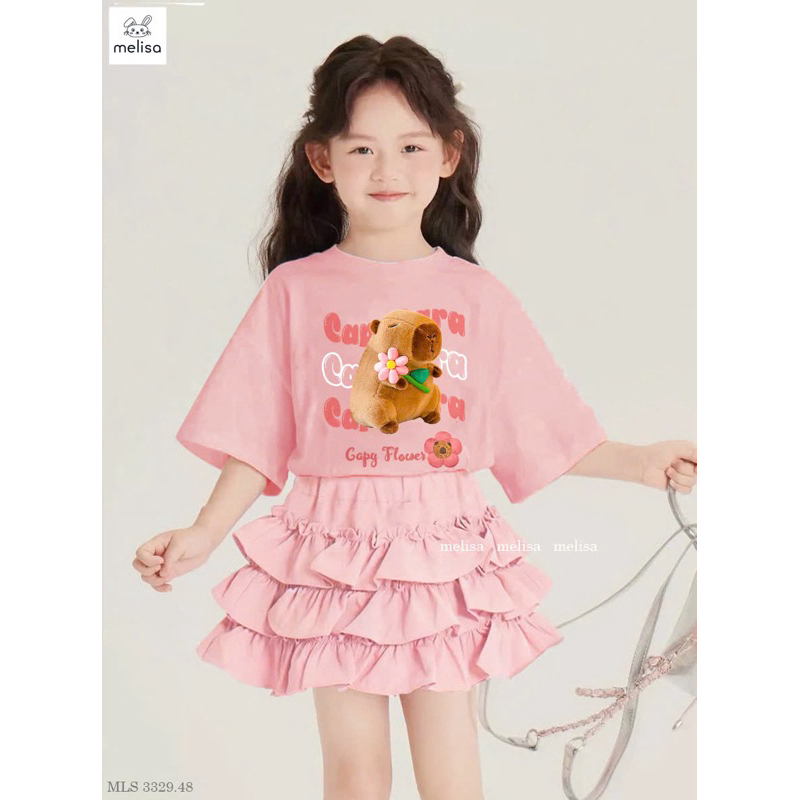 Set áo Cappy cầm hoa + cv 3 tầng hồng BG