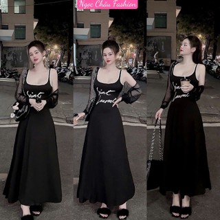  Set đầm hai món maxi ba lỗ viền họa tiết in chữ thun tăm+khoác lưới sexy tay dài dưới 53kg 