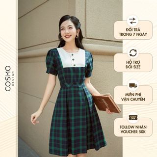 Váy đầm nữ thiết kế dáng xòe kẻ xanh phối thân ngực kem sang trọng thanh lịch 11807