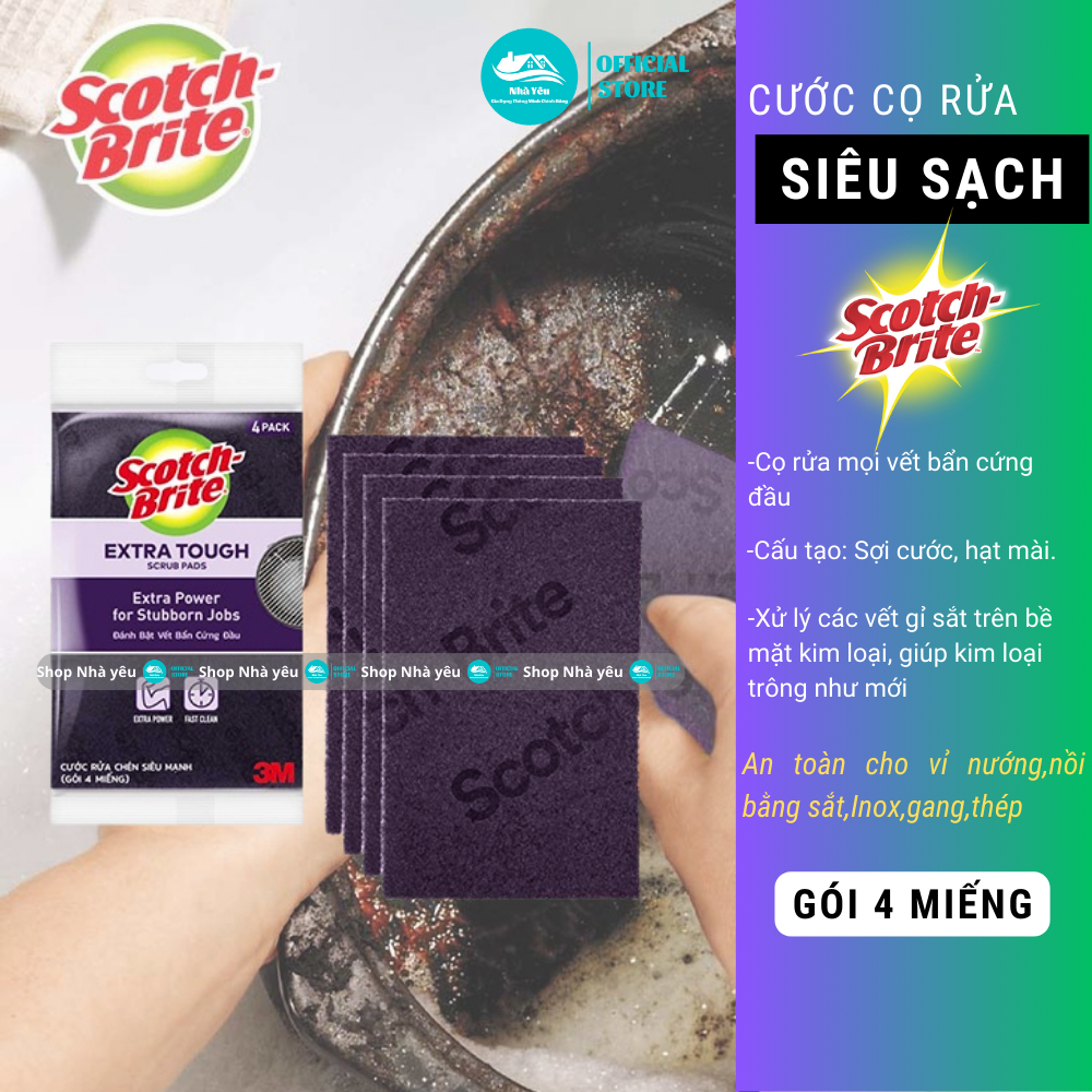 Gói 4 Miếng Cước Cọ Rửa Siêu Mạnh 3M Scotch Brite-Đánh Mọi Vết Cháy Bẩn Của Nồi,Xoong,Chảo,Vỉ Nướng