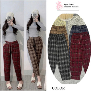  Quần Baggy Nữ Kẻ Caro Chất Dạ Cao Cấp Cạp Chun Có Dây Rút Phối Đồ Co Dãn 4 Chiều Ngocphamfashion_88 