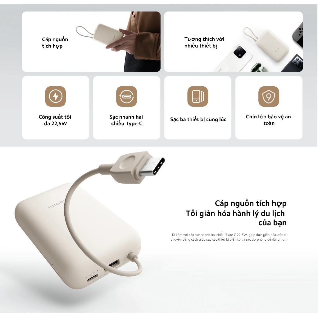 Pin sạc dự phòng Xiaomi 10000mAh Cáp Type-C Tích hợp 22,5W In/Out Type-C - Hàng chính hãng | BigBuy360 - bigbuy360.vn