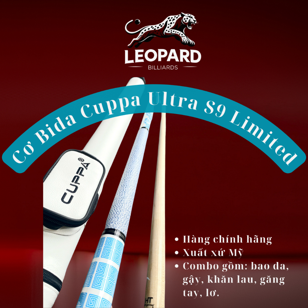 Cơ Cuppa xanh - Ultra S9 Limited Chính hãng - Cơ bida lỗ - Hàng Mỹ Full combo - Leopard Billiards