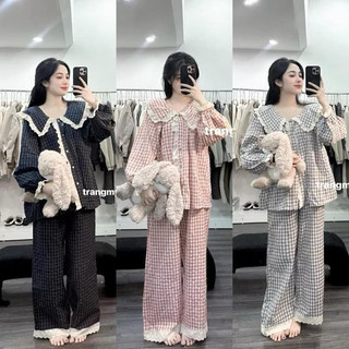  BỘ NGỦ DÀI KẺ CARO VIỀN BÈO REN.Set pijama nữ dài tay thu đông form dày dặn sieu dễ thương 