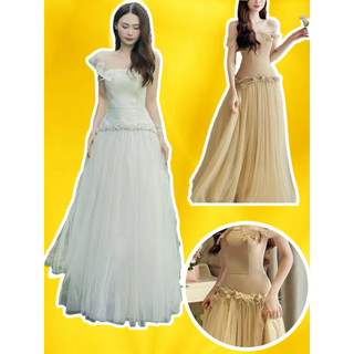  Đầm Váy công chúa dự tiệc cưới trễ vaitafta lưới đính hoa 3Dbigsize váy trắng tiểu thư chân váy lưới maxi xoè dài PRIN 