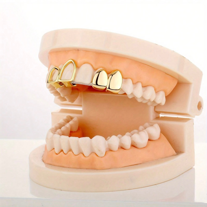 Grillz trang sức răng 2 răng trơn cạnh nhau vàng bạc hiphop