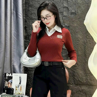 Áo len hoạ tiết pha cổ sơ mi