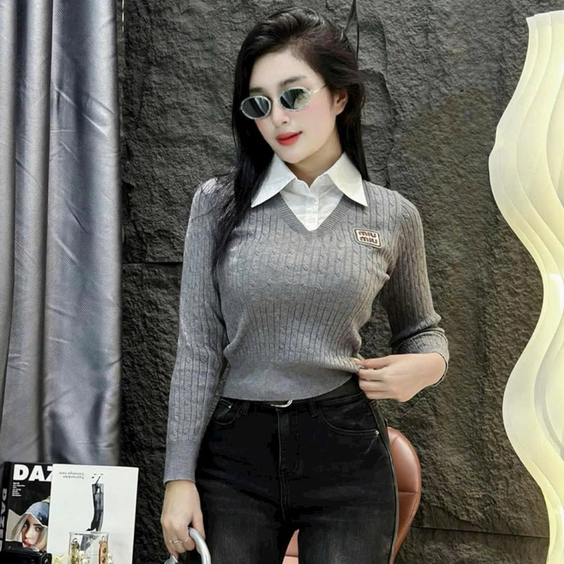 Áo len hoạ tiết pha cổ sơ mi