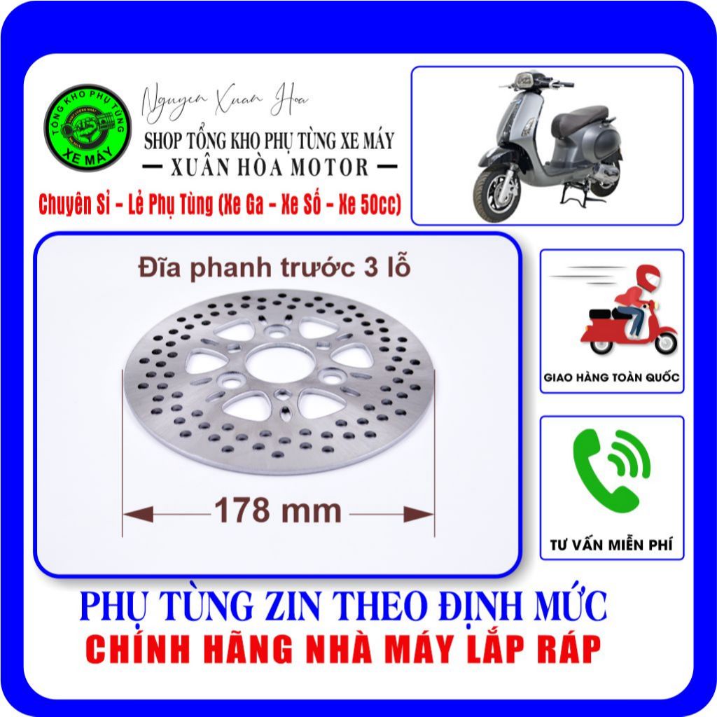 Đĩa phanh trước 3 lỗ, lắp cho Xe ga 50cc: Vespa, Crea, Giorno, Today... (Nioshima, DKBike, Dibao, Os