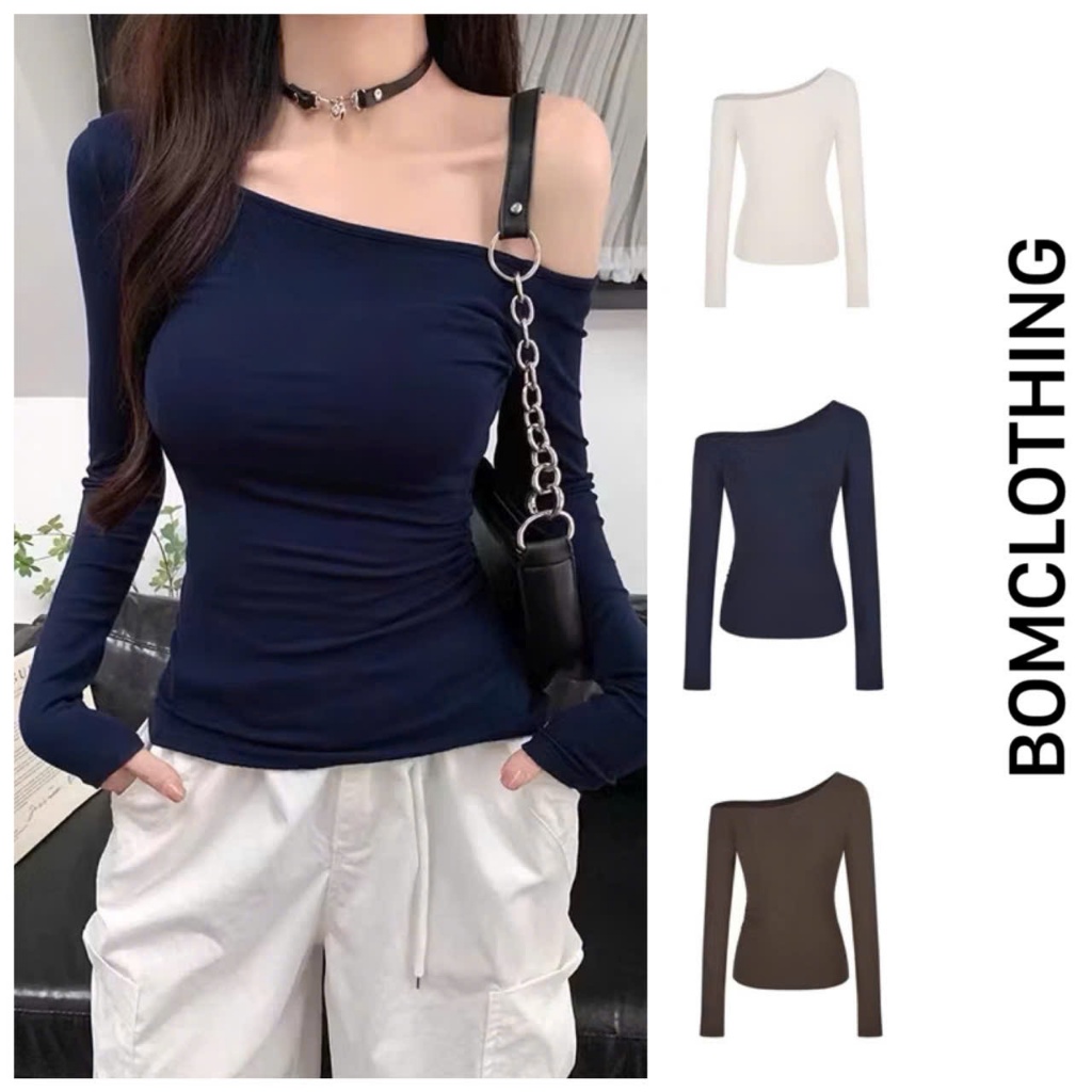 Áo Lệch Vai Nữ Dài Tay Ôm Body Siêu Quyến Rũ Vải Thun Zip QC Loại Đẹp Co Giãn Form Xinh MA129 | BigBuy360 - bigbuy360.vn