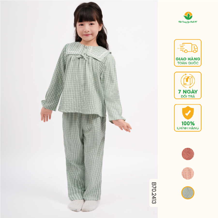  Đồ bộ bé gái chất Cotton kate thời trang VT quần dài áo dài tay họa tiết kẻ caro B70.2413 
