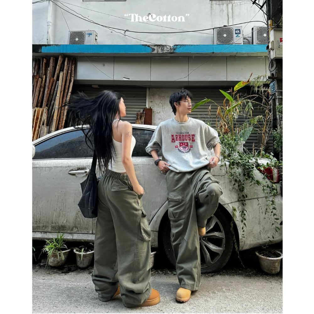 Quần Kaki Túi Hộp Harem Nam Nữ Ống Rộng TheCotton Quần Cargo Chun Sau Vải Mịn Unisex Màu Rêu | BigBuy360 - bigbuy360.vn