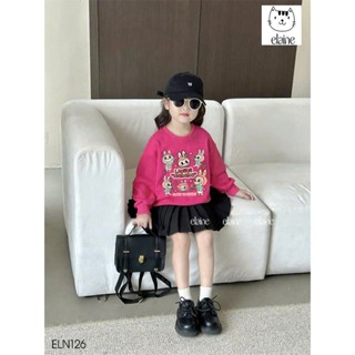 Bộ áo nỉ hồng mix chân váy xếp li màu đen cho bé gái in hình Labubu Mokoko hàng cao cấp ELAINE | ELN126