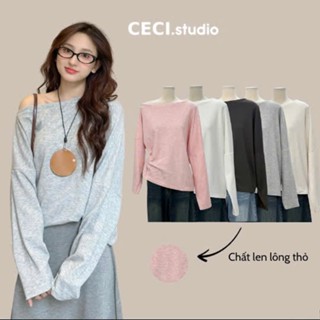 Áo Thun Nữ Dài Tay Lệch Vai Dáng Rộng Chất Len Lông Thỏ Mềm, Áo Dài Thu Đông Kiểu Dáng Hàn Quốc - CECI.studio - A502