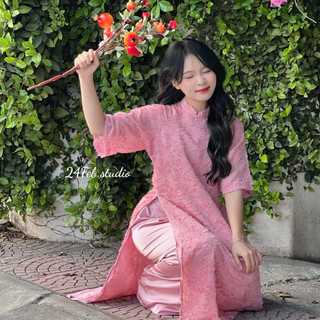  Set áo dài cách tân nữ tơ lông cúc ngọc cổ trụ tay lỡ kèm quần lụa 24FebStudio AD10 
