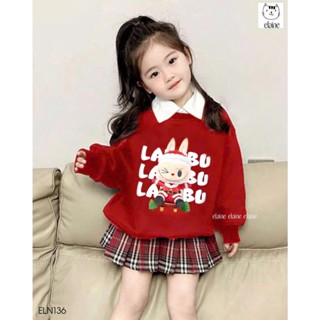  Bộ áo nỉ kết hợp cổ sơmi trắng mix chân vát kẻ kèm quần cho bé gái in hình Labubu Noel hàng cao cấp ELAINE | ELN136 