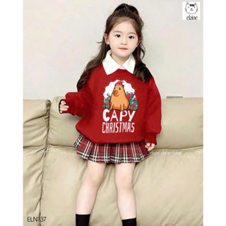  Bộ áo nỉ kết hợp cổ sơ mi trắng mix chân váy kẻ cho bé gái in hình Capybara Noel hàng cao cấp ELAINE | ELN137 