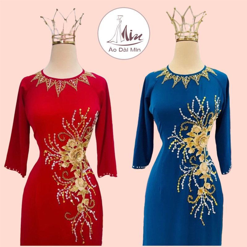 Áo Dài Cho Mẹ MINt07 Lụa Mỹ Cổ Tròn Tay Lỡ, Áo Dài Trung Niên Cho Mẹ Đính 1 Hoa Nhiều Màu