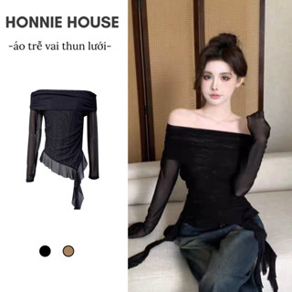 Hàng Sẵn Ship- áo thun lưới tua rua mềm kiểu trễ vai đuôi cá điệu đà
