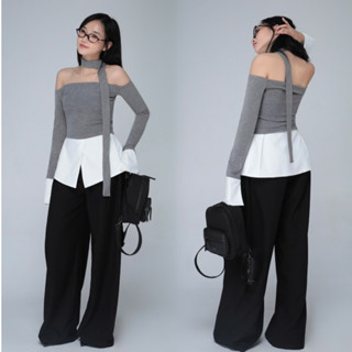 Seleen, Áo thun trễ vai tay dài dáng ôm phối đuôi áo trắng ( có kèm dây cổ ), WT0099