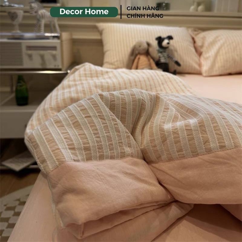 Bộ Chăn Chần Ga Gối Cotton Đũi Nhúm 4 Món Kẻ Sọc Basic Tối Giản Mềm Mát, Bộ ga gối Đũi chăn có sẵn r