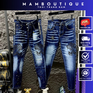 Quần Bò Nam philipp plein Xanh Mặt Hổ Thêu Cực Đẹp , Quần Jean Boy Phố philipp plein Mặt Hổ Thêu Cực Đẹp