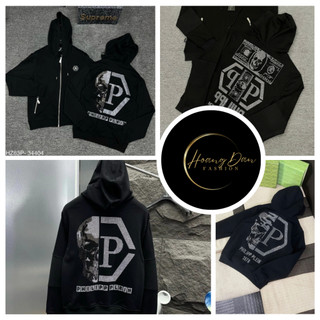  Áo khoác hoodie zip nam nữ Philipp Plein thêu logo sắt ngực phối đính đá nửa đầu lâu chữ sau lưng dành cho boy phố. 