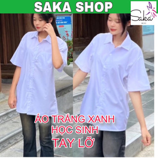 Áo sơ mi trắng from rộng nữ ngắn tay học sinh vải kate mịn mát không nhăn , áo sơ mi học sinh cộc tay màu trắng xanh