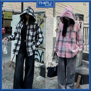 Áo Khoác Sơ Mi Flanel Caro Nam Nữ Unisex Chống Nắng Form Rộng Phối Nón Tay Dài Cực Đẹp Mẫu Mới  2024