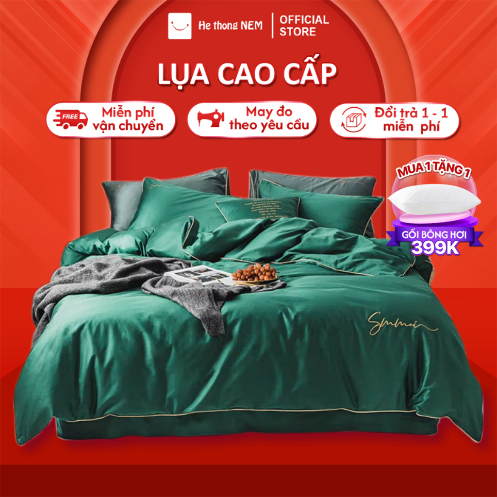 Bộ Ga Giường Cưới 5 Món HỆ THỐNG NỆM Cao Cấp Set Bộ Vỏ Chăn Ga Ra Drap Lụa Trải Phủ Giường Gối Nệm Đ